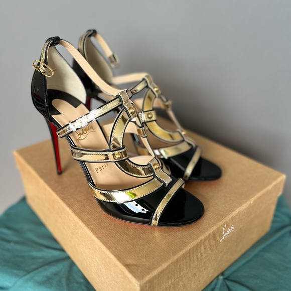 Black and Gold Strappy Heels - Picture 1 of 12